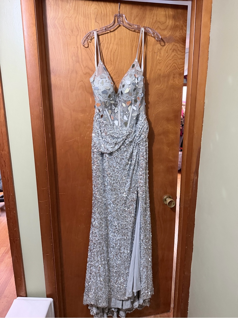 Silver Sequin Evening Gown with Mirrored Bodice